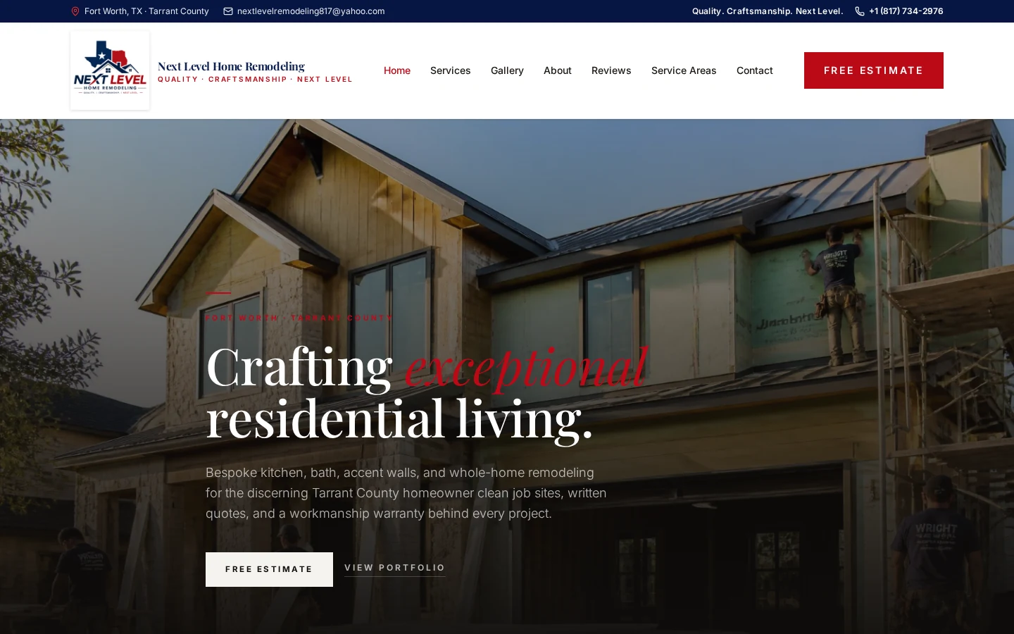 Next Level Home Remodeling contractor website homepage
